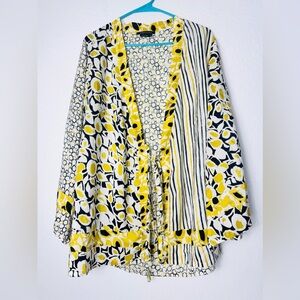 BCBG Max Azria Silk Kimono Small Bell Flare Sleeve Front Tie Floral Yellow Black